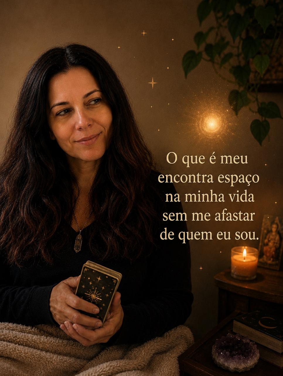 Vanessa Brito Crystal segurando o baralho do Tarot de Cristais Hilarion
