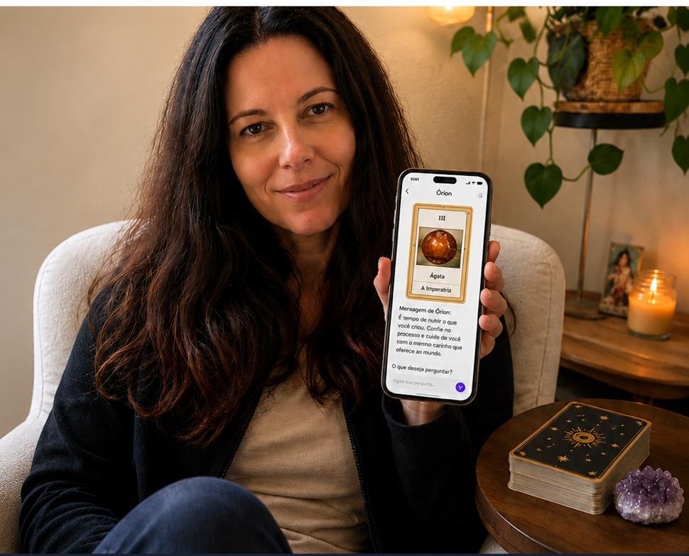 Mulher segurando o celular com o Órion aberto, ao lado do baralho do Tarot de Cristais Hilarion